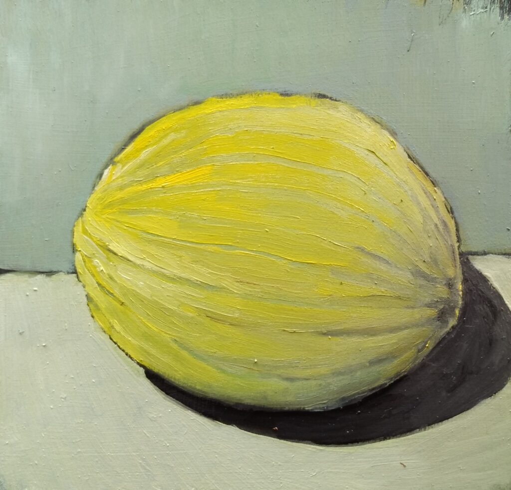 Oil on canvas, 21x20 cm,  a still life representing a winter melon with the characteristic light yellow color.