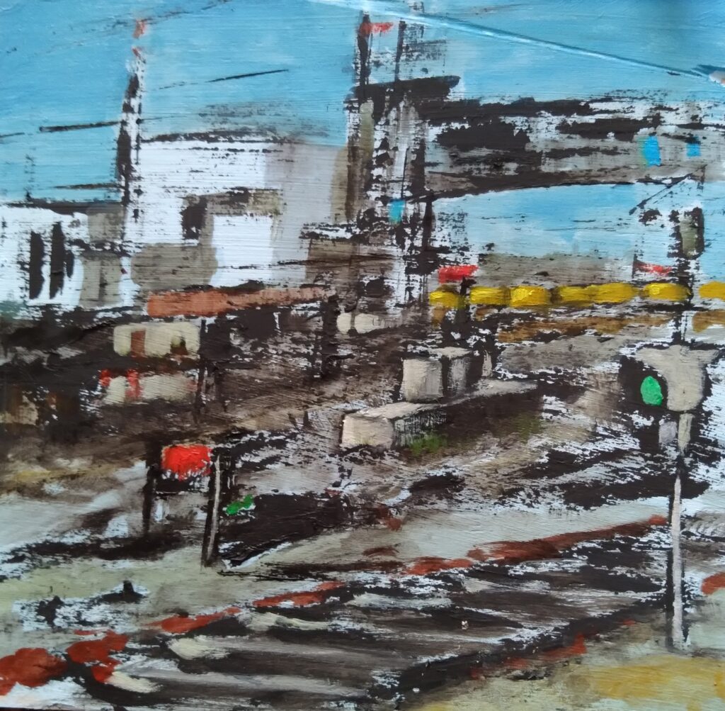 Ol on wooden board 20x21 cm. Sight of the railways and station of Gesundbrunnen 