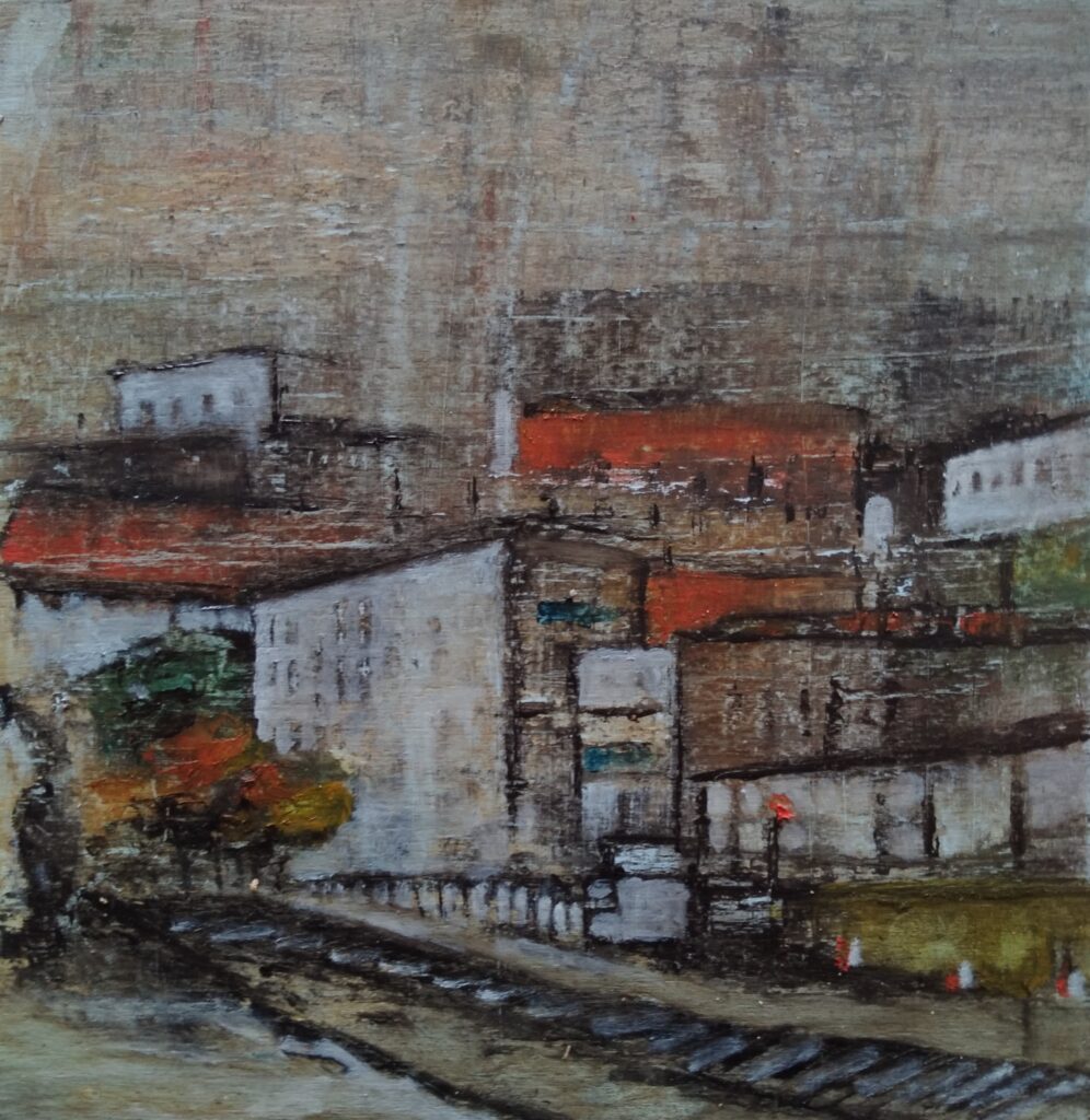 Oil on wooden board, 20x21 cm, representing a view of buildings along the S-bahn line S1, stop Waidmannlust.