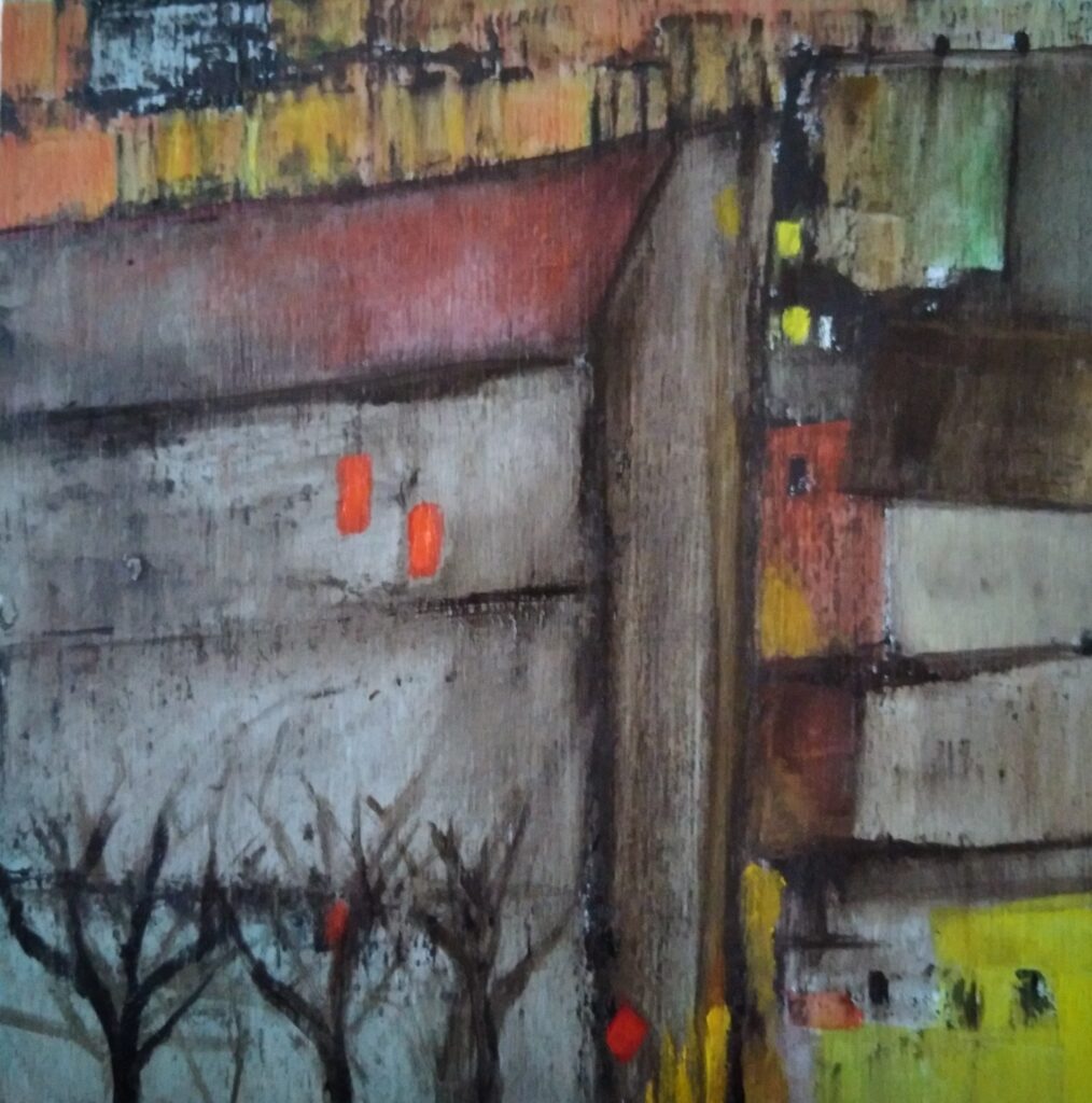 Oil on wooden board, 20x21 cm. A view of a high but narrow building. 
S1- Hermdorf