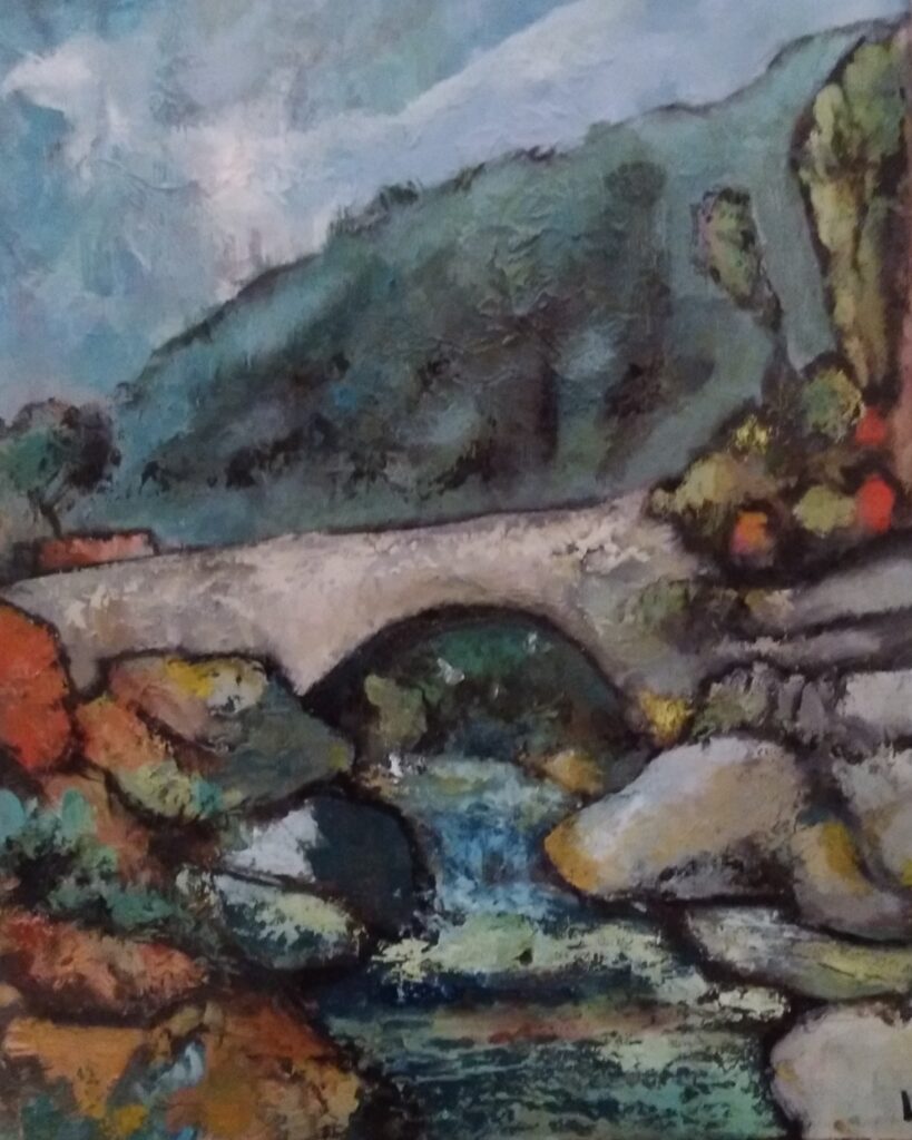 Oil on canvas, 70 x 40 cm. Representing a landscape, the Cin bridge in Rocchetta N. Imperia