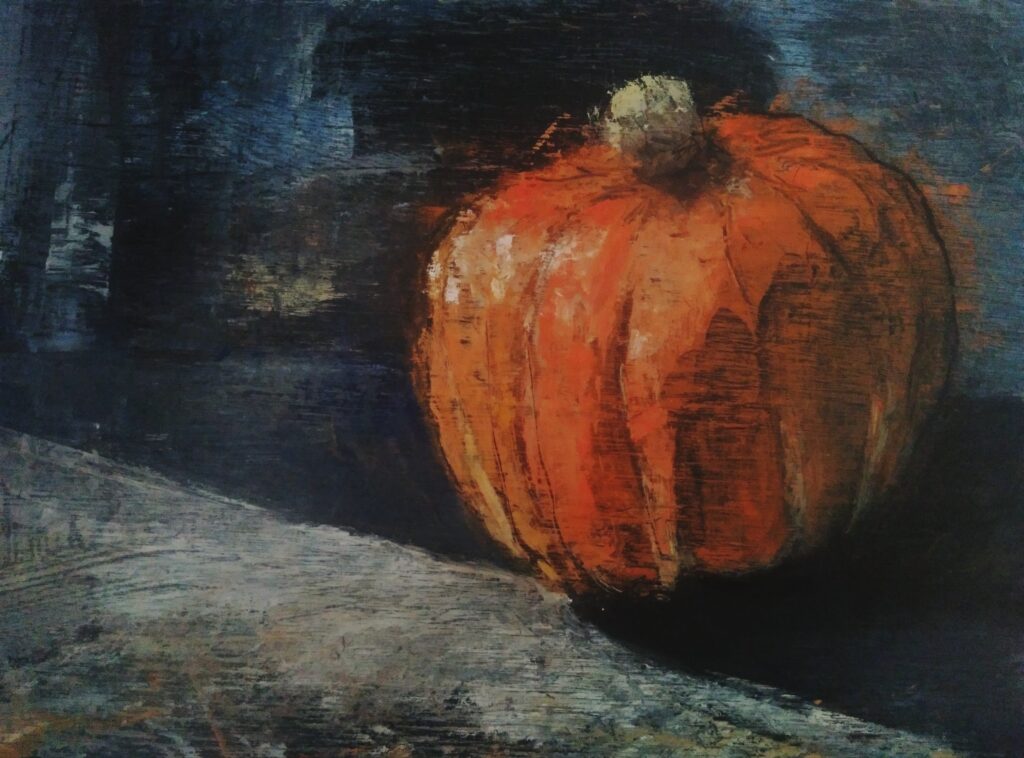 A painting, representing another  pumpkin.
Oil on wooden board. 