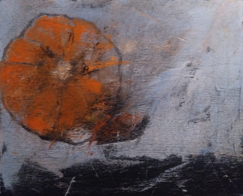 Painting of a pumpkin. Oil on wooden board. 