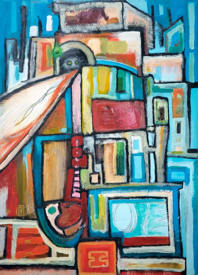 An abstract painting representing Tokyo city. 
Acrylic on wooden board. 
Private collection. 