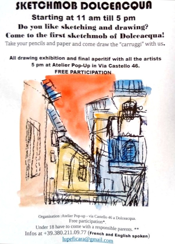 Flyer of the first sketchmob in Dolceacqua, organised  by Lupe Ficara for Atelier Pop Up. 
Special guest Aurelie Roux.